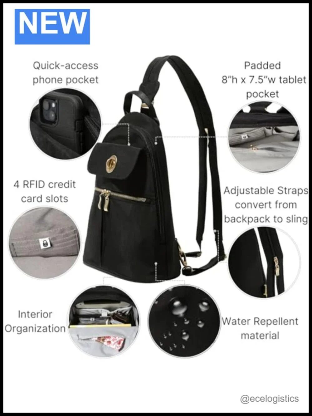 Convertible Backpack Travel Sling Crossbody Nylon RFID Padded Tablet